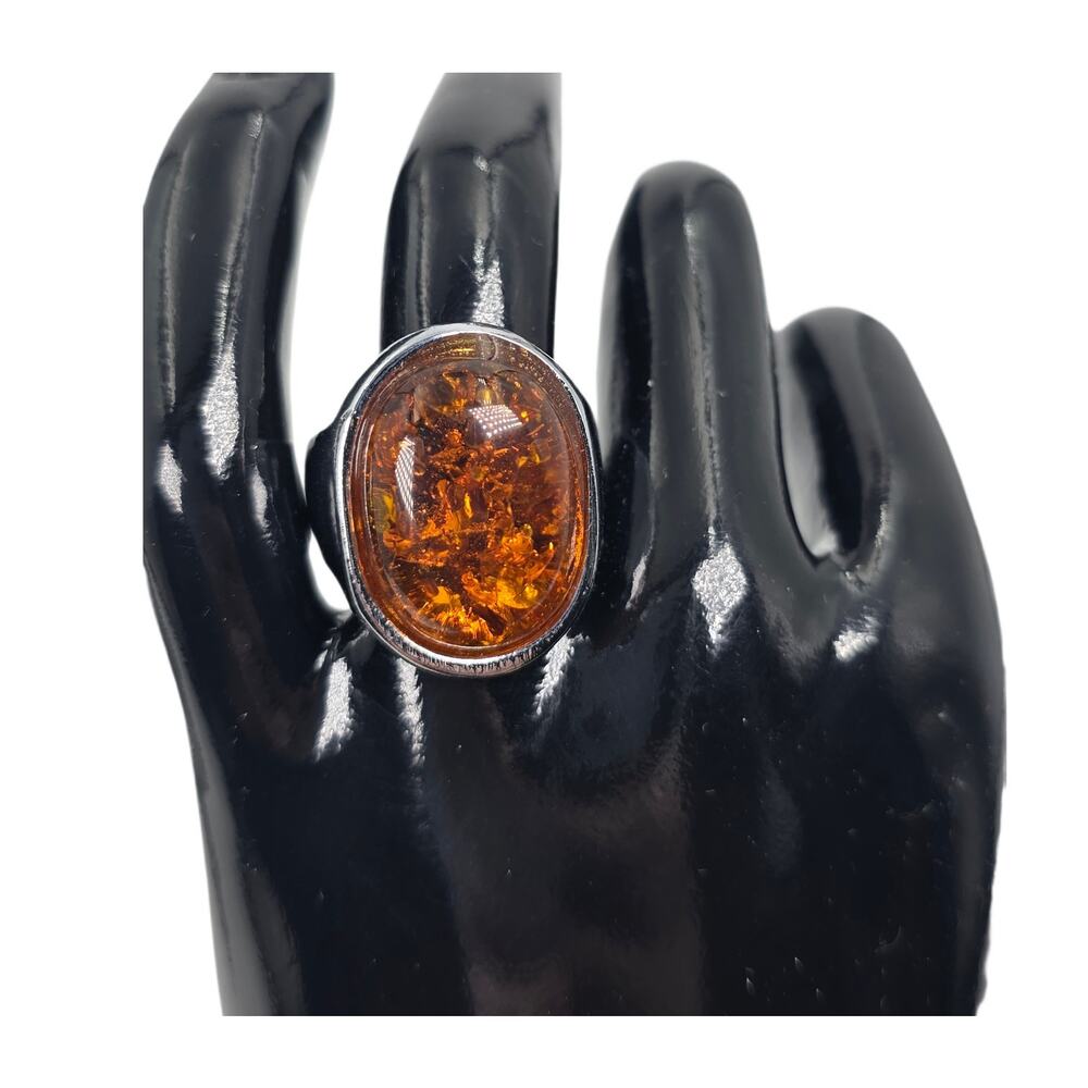 Vintage Chunky Oval Simulated-Amber Silvertone Boho Statement Ring Size  9